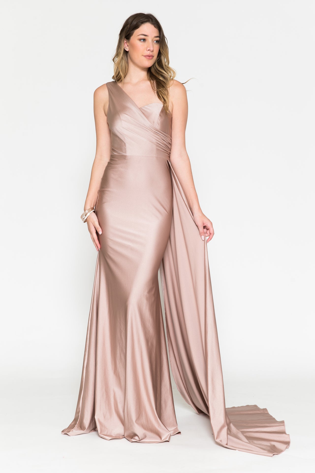 Asymmetric One-Shoulder Stretchy Dress w/side sash. This is a beautiful dress for engagement pictures, bridesmaid dress, or an evening event. 