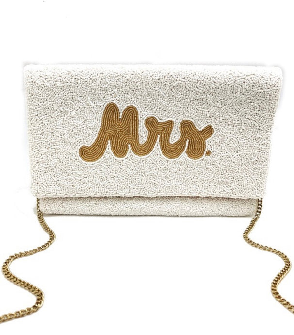 Mrs. bridal beaded Clutch. gold and white.