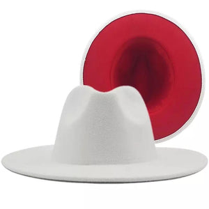 white Fedora with red bottom hat