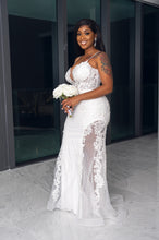 Load image into Gallery viewer, off white wedding gown with lace and illusion 
