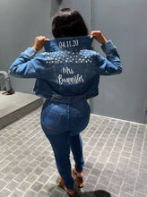 Load image into Gallery viewer, personalized custom personalized Mrs. denim jean jacket with pearls and wedding date.
