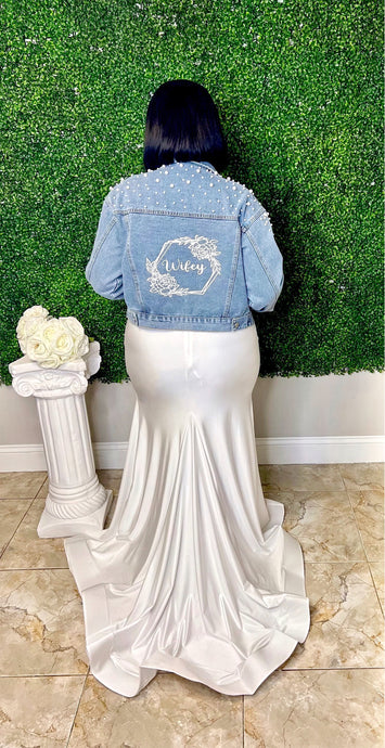 denim wifey jacket with pearls. made for brides and wifey. plus size available 