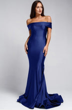 Load image into Gallery viewer, navy bridesmaid dress. for curvy women. stretch. horsehair hemline. off the shoulders.
