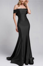 Load image into Gallery viewer, black bridesmaid dress. for curvy women. stretch. horsehair hemline. off the shoulders.
