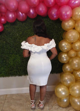 Load image into Gallery viewer, white bridal shower dress. off the shoulders with puffs and  side slit 
