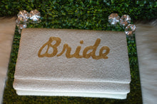 Load image into Gallery viewer, ivory beaded bride clutch in gold lettering 
