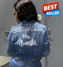 Load image into Gallery viewer, personalized custom personalized Mrs. denim jean jacket with pearls and wedding date.
