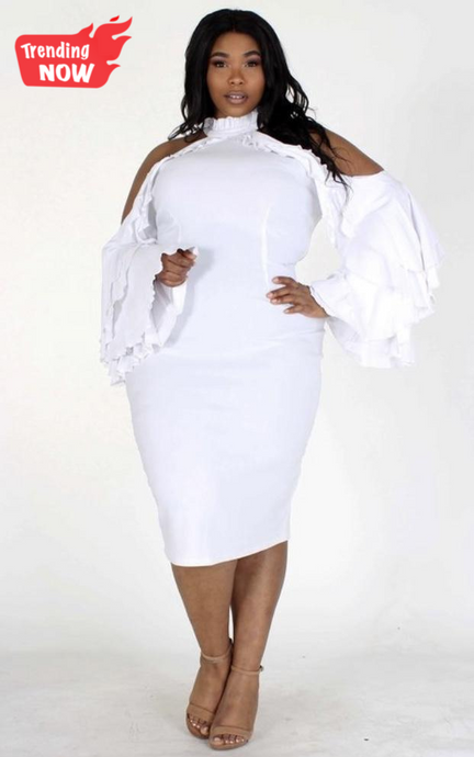white midi bridal shower dress with open shoulder, off the shoulder key hole sleeves with ruffles and back slit