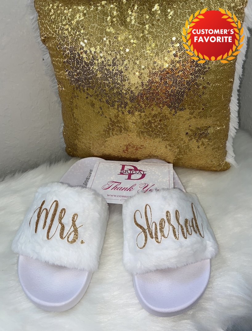Personalized Mrs. Bridal sandals for getting ready on wedding day. white fur sandals for brides
